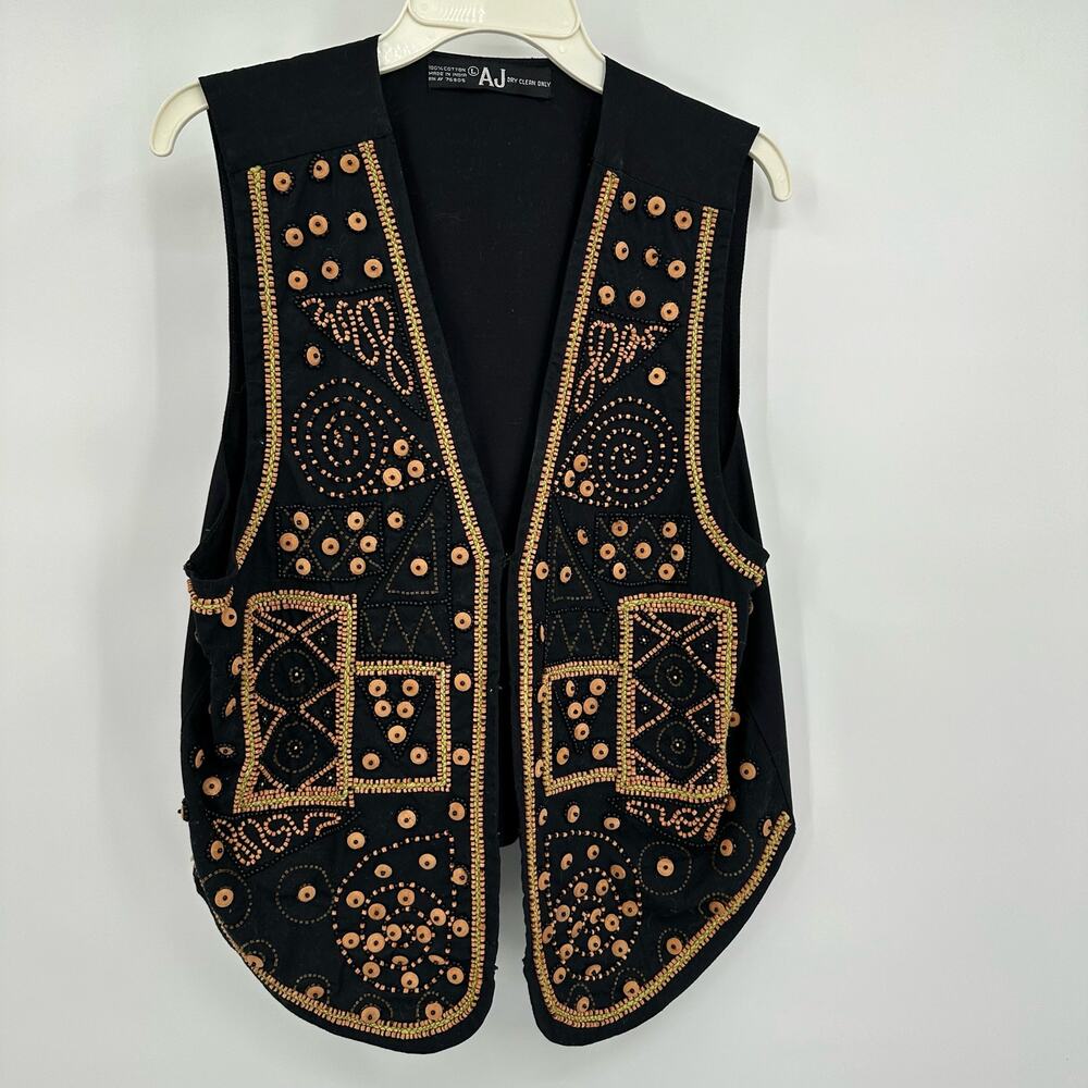 AJ Women‎ Vest Size L Beaded Embellished Festival Boho Hippie Vintage Statement